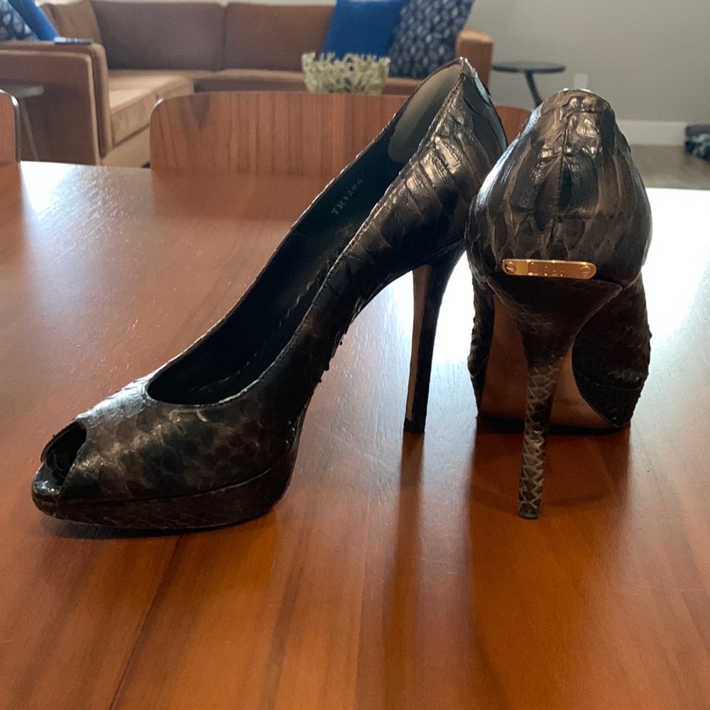 Christian Dior python peep toe heels in rich chocolate brown color